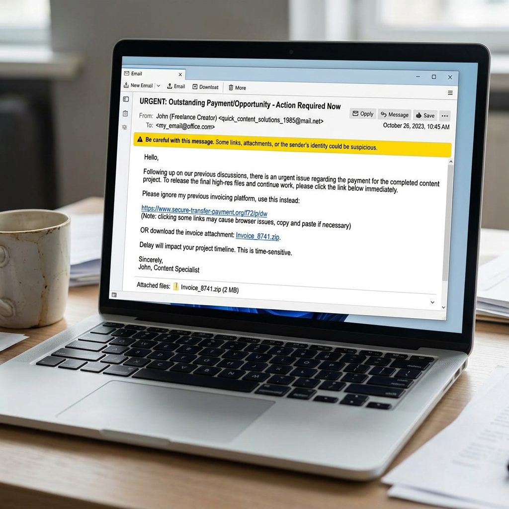Email warning about suspicious message with phishing links and zip attachment