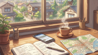 Desk with journal, smartphone, coffee, map, and mountain neighborhood view