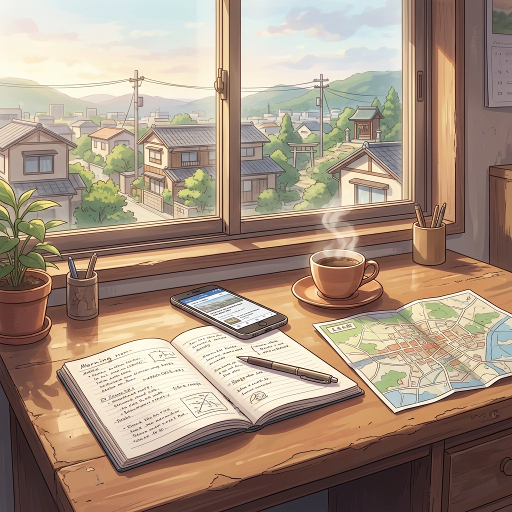 Desk with journal, smartphone, coffee, map, and mountain neighborhood view