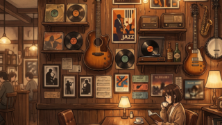 Woman reading beside coffee in a warmly lit jazz café