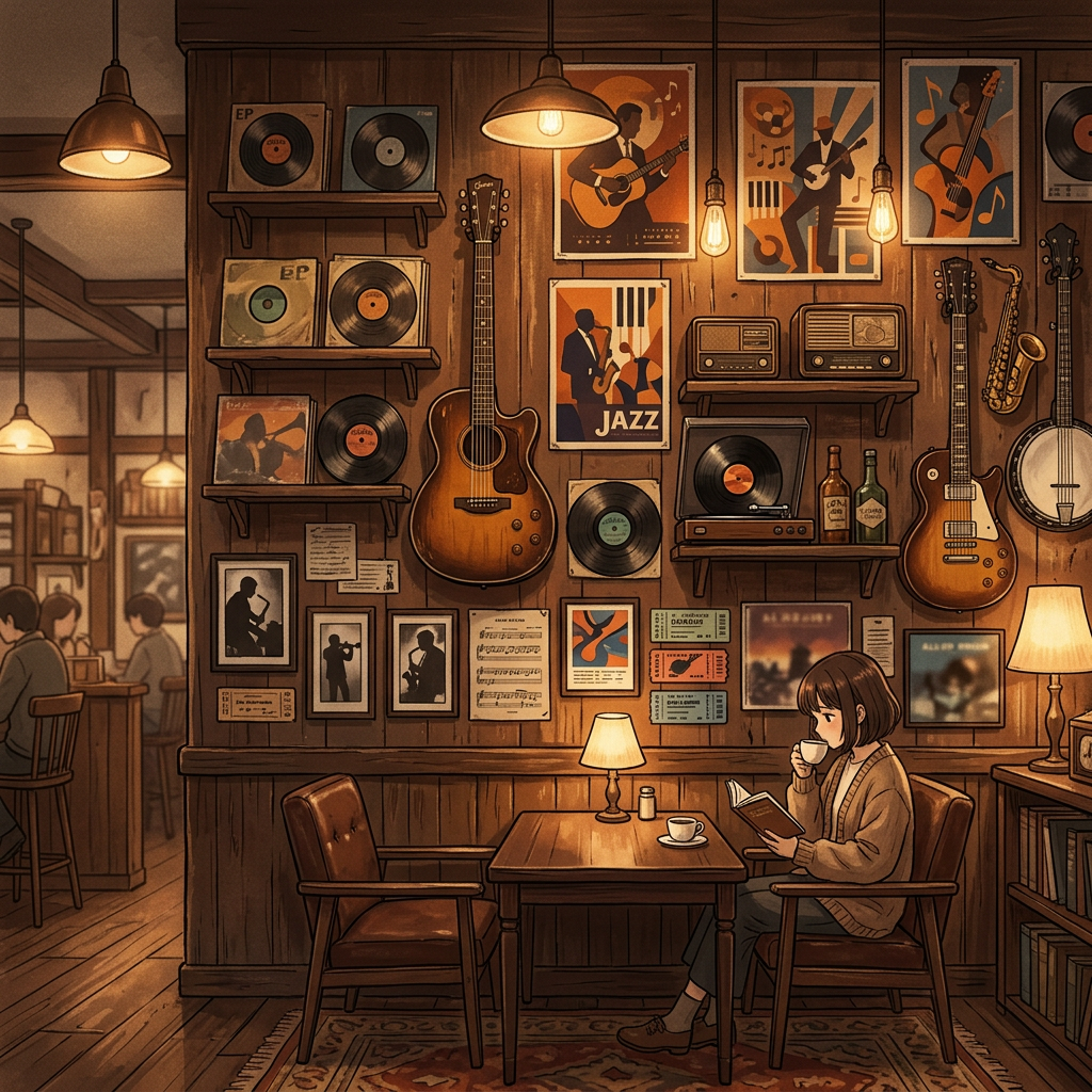 Woman reading beside coffee in a warmly lit jazz café